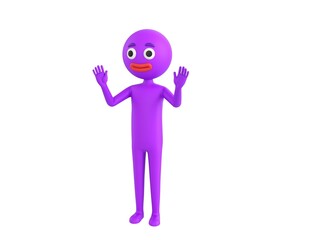 Purple Man character raising hands and showing palms in surrender gesture in 3d rendering.