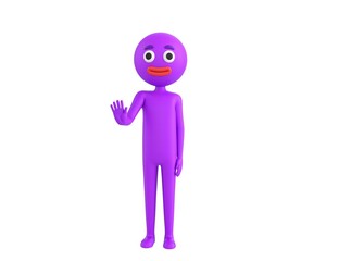 Purple Man character puts out his hand and orders to stop in 3d rendering.