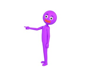 Purple Man character pointing index finger to the left in 3d rendering.