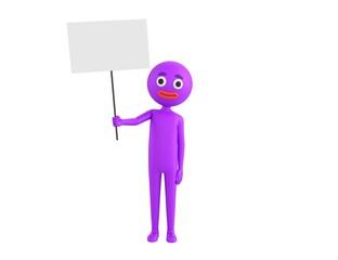 Purple Man character holding blank banner in 3d rendering.