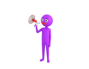 Purple Man character speaking in megaphone in 3d rendering.