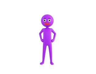 Purple Man character with hands on hip in 3d rendering.