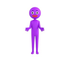 Purple Man character show welcome gesture in 3d rendering.