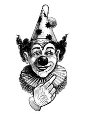 Clown pointing right. Ink black and white drawing