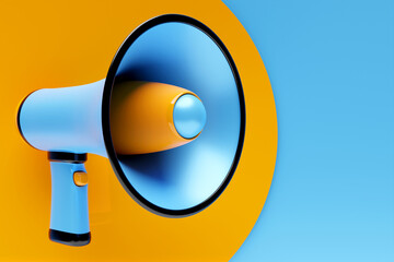 Blue and yellow cartoon glass loudspeaker on a   monochrome background. 3d illustration of a megaphone. Advertising symbol, promotion concept.