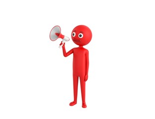 Red Man character speaking in megaphone in 3d rendering.