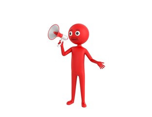 Red Man character talking in megaphone in 3d rendering.