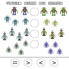 math problem: Greater, less, or equal. Count the number of cartoon colored  robots and compare. Educational math game for children.