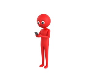 Red Man character types text message on cell phone in 3d rendering.