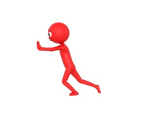 Red Man character pushing wall in 3d rendering.