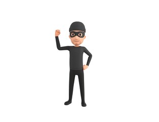 Robber character raising right fist in 3d rendering.