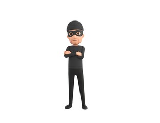 Robber character smiling with arms crossed in 3d rendering.