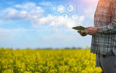 Farmer using digital tablet computer and modern interface icons, Business agriculture technology...