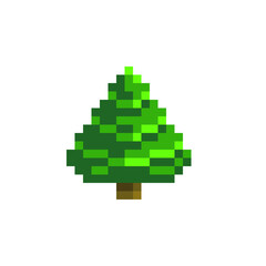 Evergreen tree. 8-bit fir-tree, game assets. 1-bit sprite. Isolated abstract vector illustration.  Element design for stickers, embroidery, mobile app.