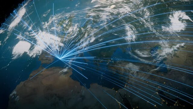 Earth in Space. Blue Lines connect Palma De Mallorca, Spain with Cities across the World. Worldwide Travel or Networking Concept.