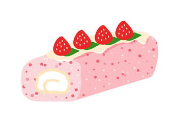 Hand drawn strawberry Swiss roll cake illustration
