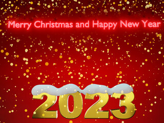 Fototapeta na wymiar Happy New Year 2023. golden number 2023 on a red background with snow .3D rendering.