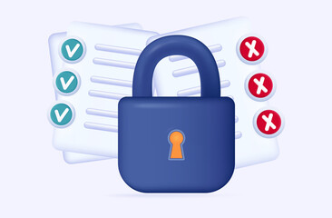 Secret information 3d. Confidential data is closed with a lock. Paper document, prohibited information. The concept of authorization, verified enter, access, secure code. Closed poll results. Vector 