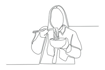 Continuous one line drawing Happy young Asian woman eating Asian noodles with chopsticks in her hand. Eating activity concept. Single line draw design vector graphic illustration.