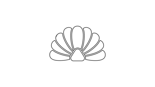 Black line Scallop sea shell icon isolated on white background. Seashell sign. 4K Video motion graphic animation