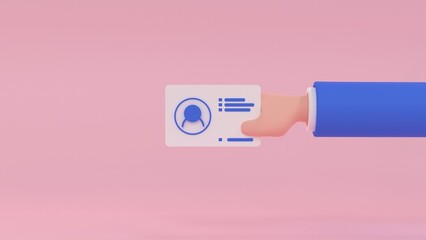 Cartoon human hand with id card. 3d render illustration