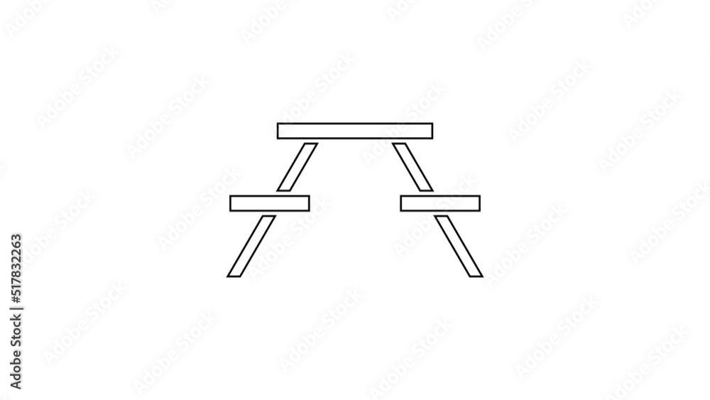 Poster black line picnic table with benches on either side of the table icon isolated on white background. 