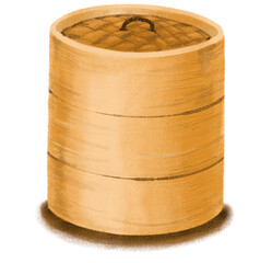 Dim sum Chinese bamboo basket for steamed boa dumpling breakfast painting illustration