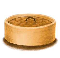 Dim sum Chinese bamboo basket for steamed boa dumpling breakfast painting illustration