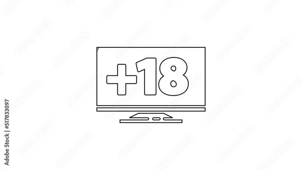 Aufkleber black line computer monitor with 18 plus content icon isolated on white background. age restriction 