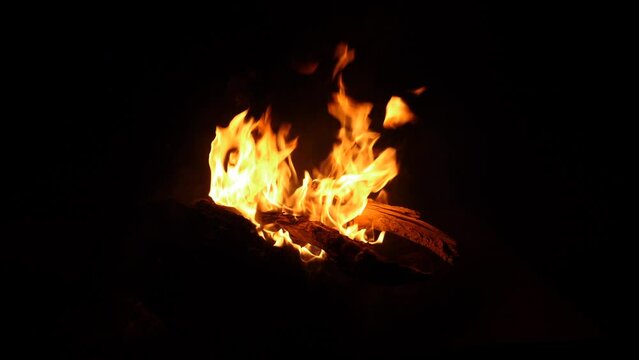 Natural tamarisk wood fire in an iron pot against black. Dark abstract background slow motion footage. 