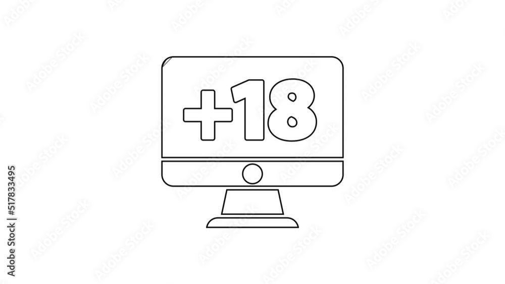 Poster black line computer monitor with 18 plus content icon isolated on white background. age restriction 