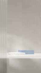 3d rendering mockup template of white and blue podium in portrait with frosted glass and shadow