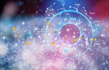 Obraz premium Zodiac signs inside of horoscope circle. Astrology in the sky with many stars concept