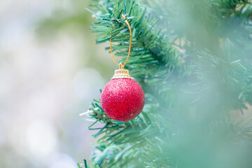 Close up of red ball and pinecone for Christmas or New Year decoration background