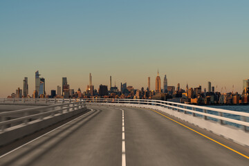 Obraz premium Empty urban asphalt road exterior with city buildings background. New modern highway concrete construction. Concept of way to success. Transportation logistic industry fast delivery. New York. USA.