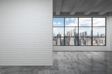 Downtown New York Lower Manhattan City Skyline Buildings from High Rise Window. Expensive Real Estate. Empty wall mockup room Interior Skyscrapers View Cityscape. Financial district. Day. 3d rendering