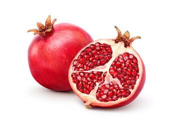 Fresh ripe pomegranate with cut in half isolated on white background. Clipping path.