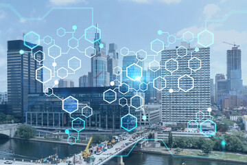 Aerial panorama city view of Philadelphia financial downtown at day time, Pennsylvania, USA. Decentralized economy. Blockchain, cryptocurrency and cryptography concept, hologram