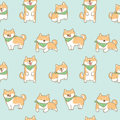 Seamless Pattern with Cute Shiba Inu Dog Illustration Design on Light Green Background