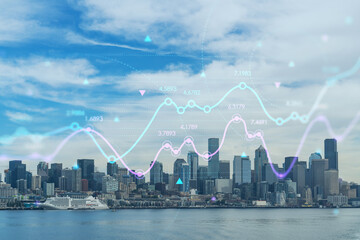 Seattle skyline with waterfront view. Skyscrapers of financial downtown at day time, Washington, USA. Forex graph hologram. The concept of internet trading, brokerage and fundamental analysis