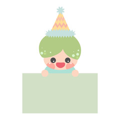 Cartoon cute little birthday hat prince elf holding light green memo. Frame for photo, text, note, label. Little fairy to-do list card. Isolated on white background, vector, illustration, EPS10