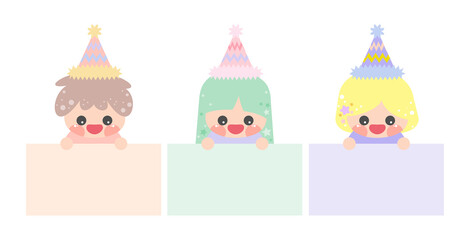 Cartoon cute little birthday hat prince princess elf holding memo set. Frame for photo, text, note, label. Little fairy to do list card collection. Isolated on white background, vector, EPS10