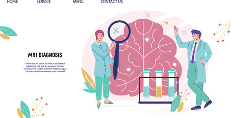 Brain research and neuroscience, neurology medicine web banner template. Diagnostics and brain tomography exam, cartoon flat vector illustration for website and poster.