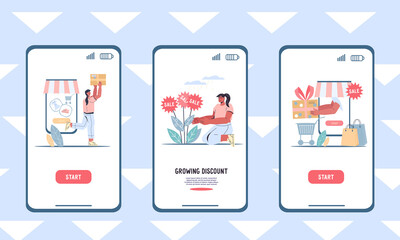 Online shop onboarding pages kit. Online Sale mobile app screen template with characters of customers, flat vector illustration for special offer and discount event announcement.