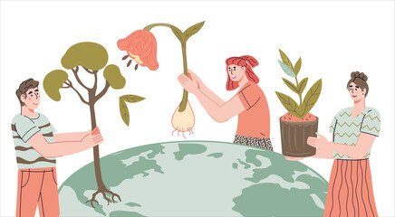 The concept of greening the planet and saving the environment, a flat vector illustration on a white background. Ecology and environment conservation.