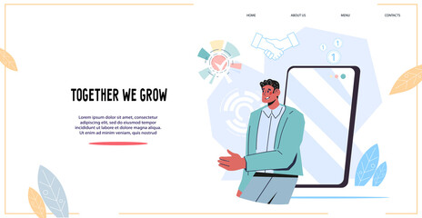 Business consulting or invitation to cooperation, partnership and company growth web page, flat vector illustration. Website or landing page with businessman extending his hand for handshake.