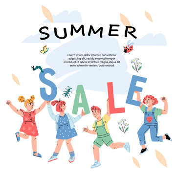 Children's clothing and school supplies sale advertising banner or poster. Summer sale and discount banner or flyer template, flat cartoon vector illustration on white background.