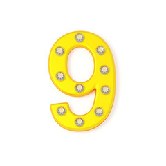 Golden number 9 with diamonds. Jewelry premium font made of gold and gems. Isolated on white background. 3d illustration. 
