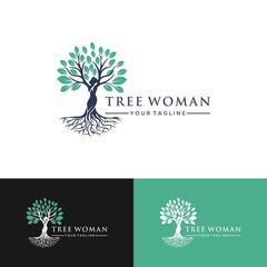 Obraz premium Abstract Human tree logo. Unique Tree Vector illustration with circles and abstract female shapes.