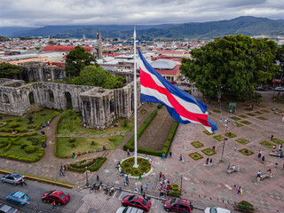 Beautiful view the Costa Rica Flag waving dramatically in the sky